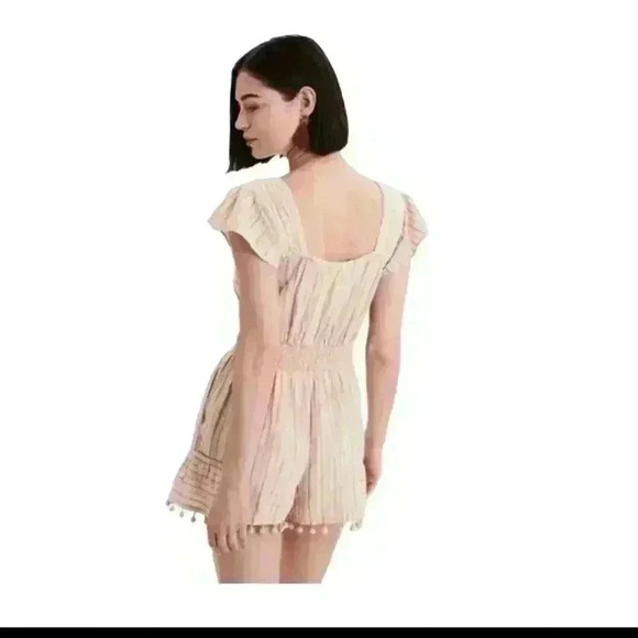 American Eagle Womens Peach Striped Pom Pom Boho Effortless Chic Trendy Romper M - Picture 2 of 12